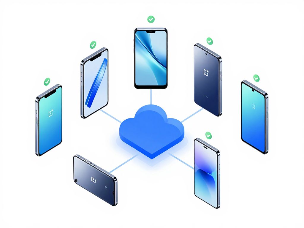 Illustration showing multiple OnePlus device models all connected to FRPRemoval's cloud service with checkmarks