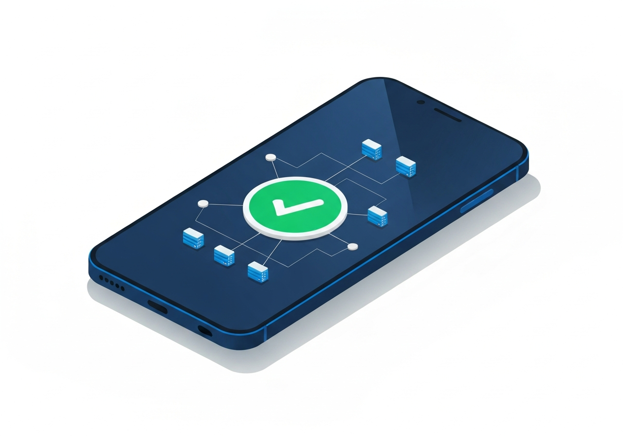 Smartphone displaying a success checkmark and server connections for remote unlock
