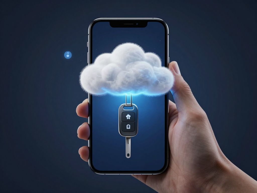 Isometric illustration of a smartphone being unlocked with a digital key