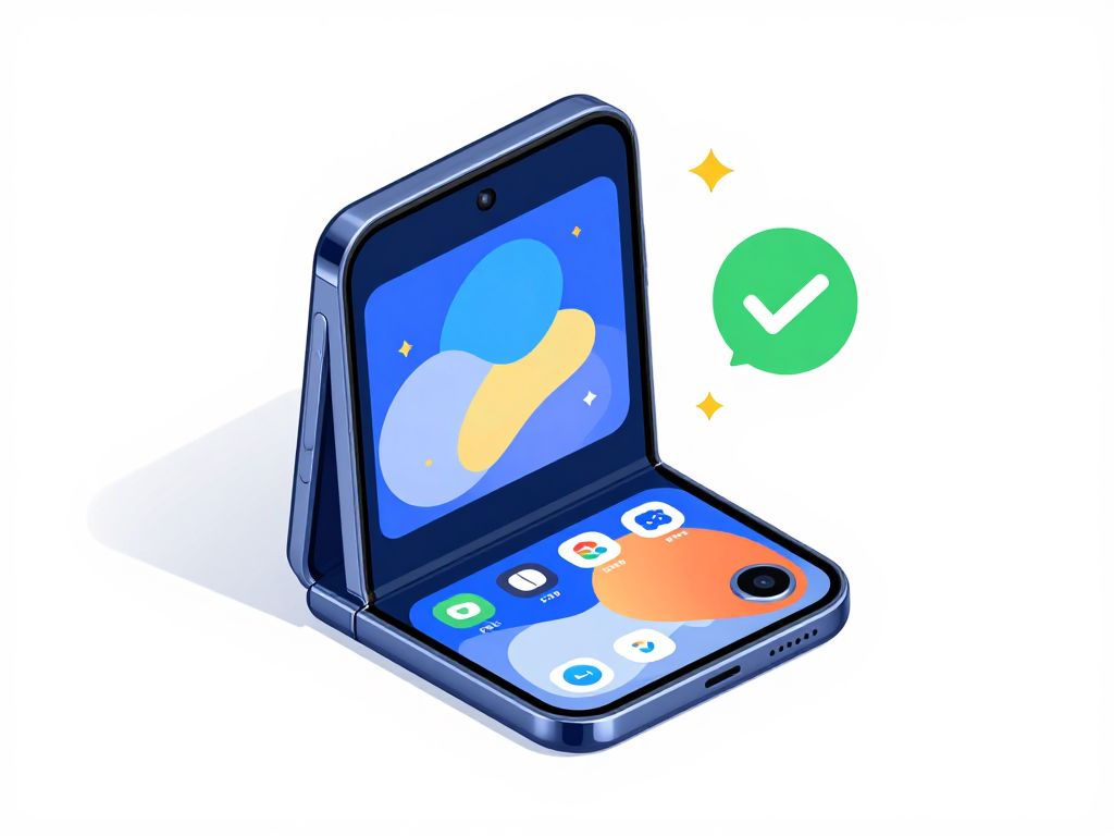 Samsung Galaxy Z Flip 5 successfully unlocked — a fully open foldable smartphone displaying its home screen with a green checkmark indicating the FRP lock has been removed