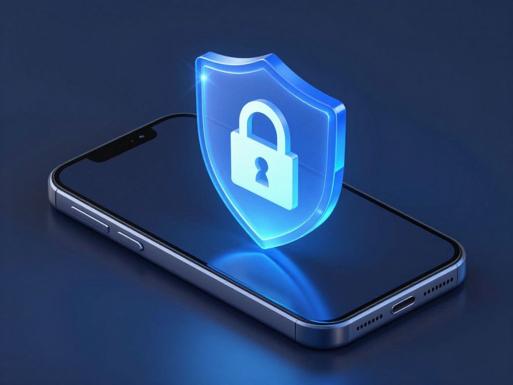 Flat-isometric vector of a phone protected by a digital security shield