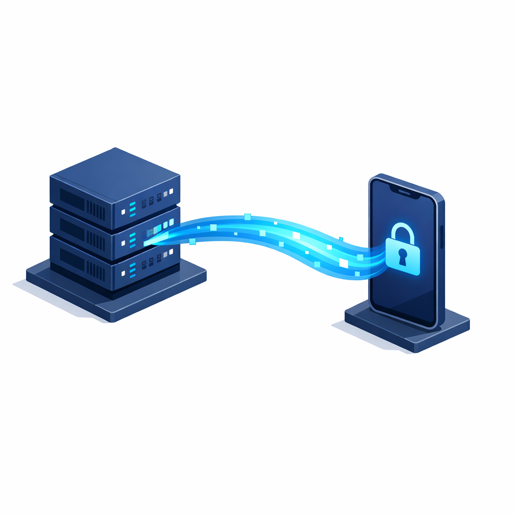 Isometric illustration of a remote server connecting to a smartphone for FRP bypass
