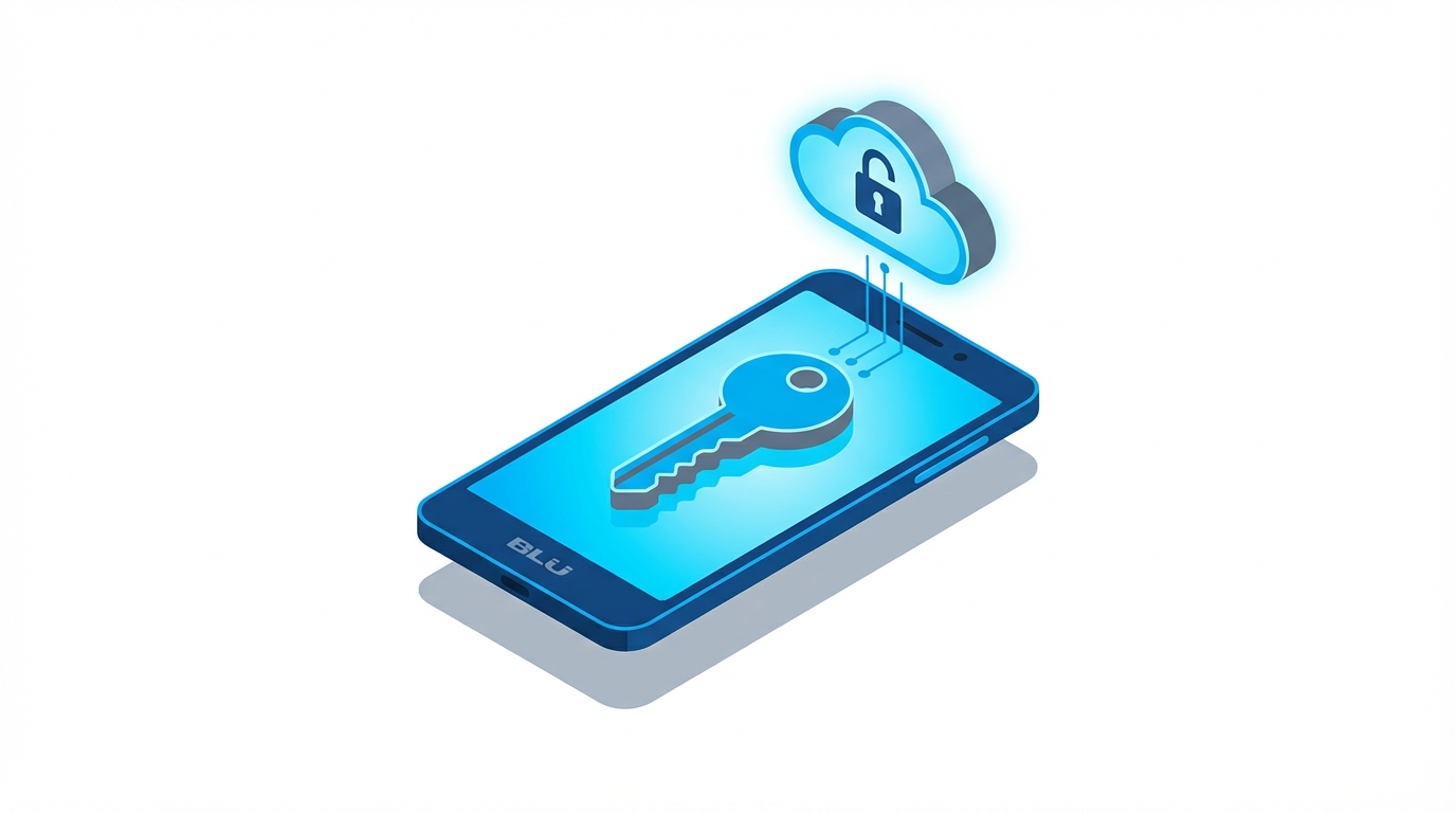 BLU smartphone with a digital key unlocking a secure cloud, representing FRP bypass