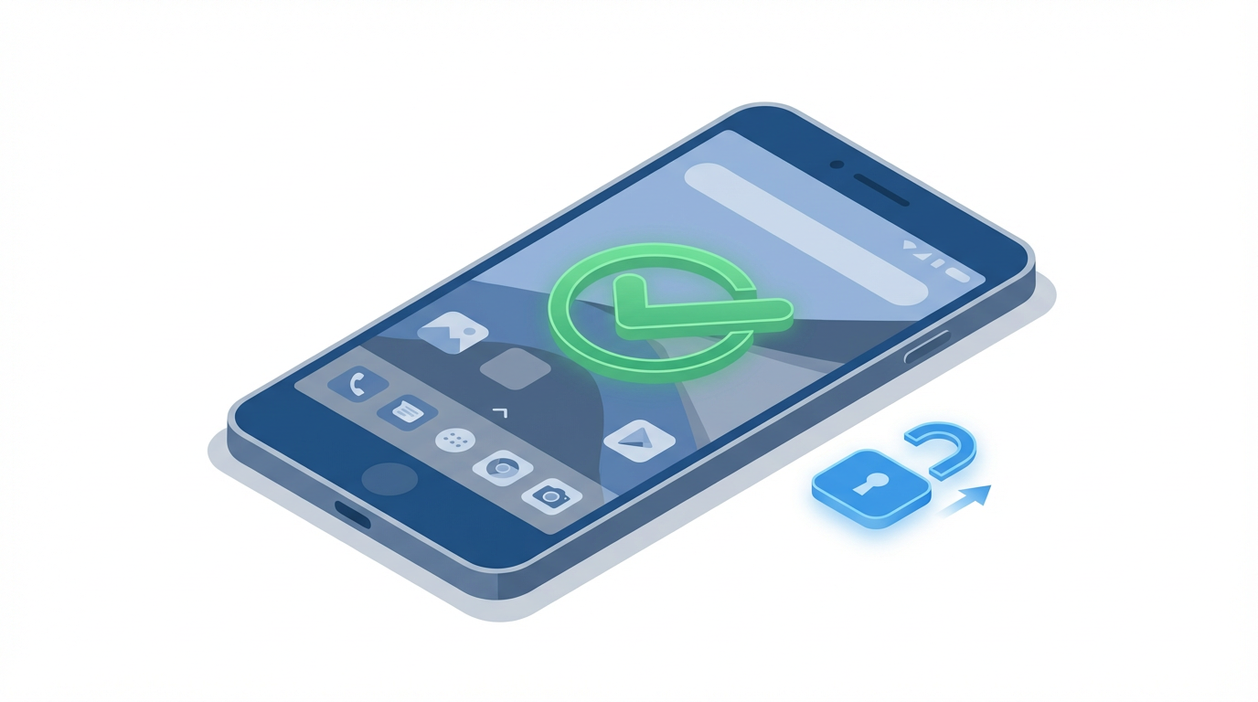 BLU phone successfully unlocked with green checkmark and broken padlock