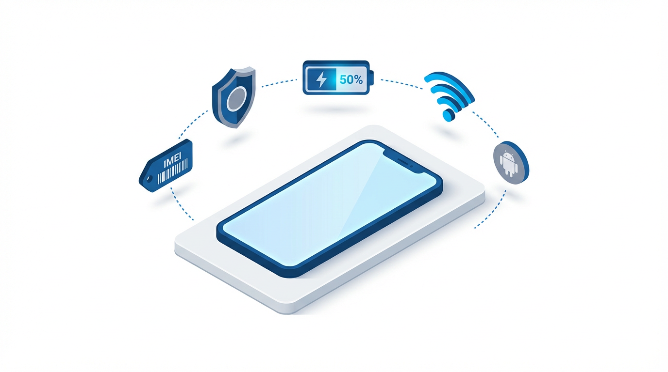 Smartphone surrounded by preparation icons including IMEI tag, brand shield, battery level, Wi-Fi signal, and Android version badge for FRP bypass readiness