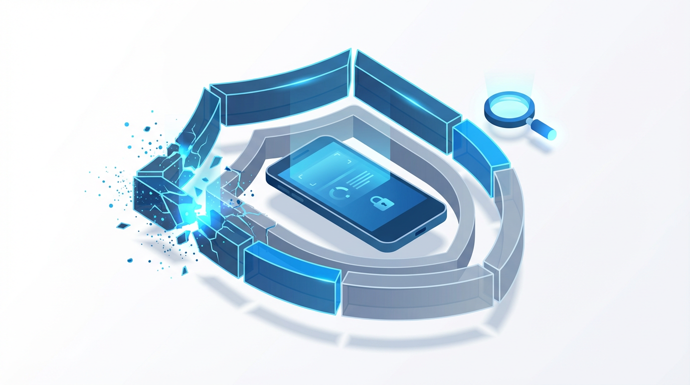 Two concentric digital shields around a smartphone — outer Google FRP shield breaking apart into particles while inner manufacturer lock shield remains intact, with magnifying glass symbolizing discovery of hidden second lock