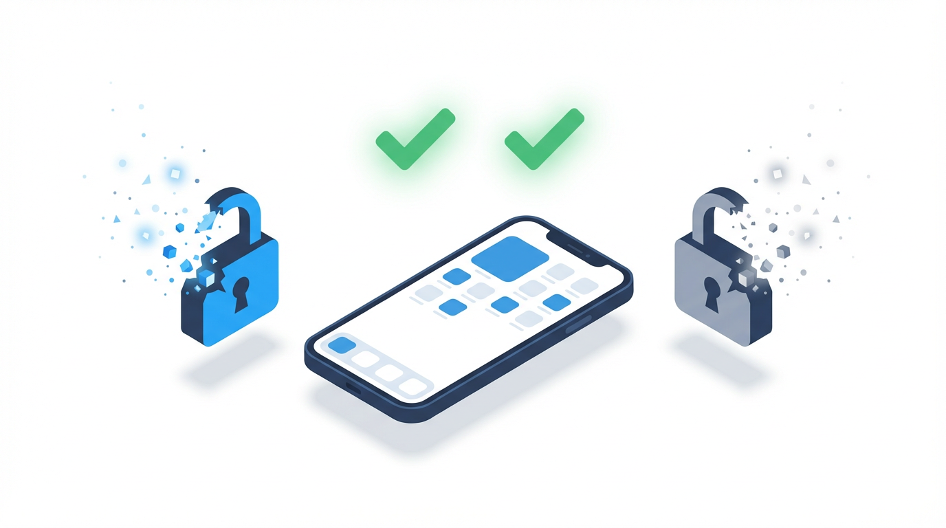 Unlocked smartphone with clean home screen, two broken padlocks dissolving into particles on either side representing Google FRP and manufacturer lock removed, with green checkmarks above