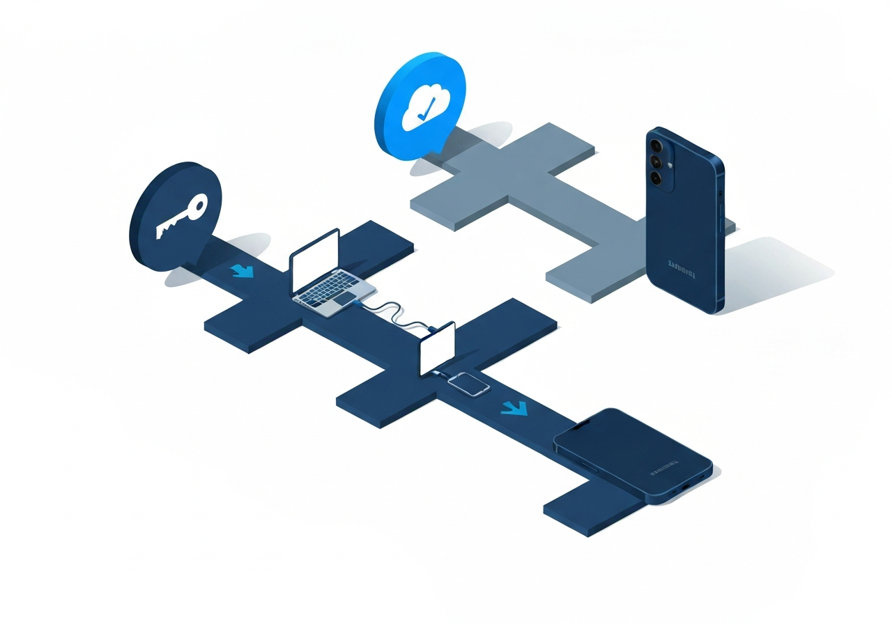 Three pathways representing different methods to bypass the FRP lock on Samsung Galaxy S24