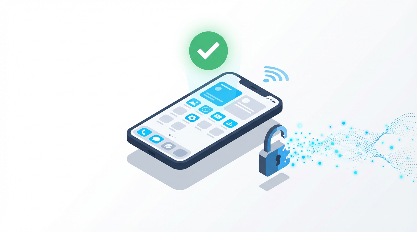 Smartphone successfully unlocked with green checkmark and broken padlock dissolving into particles, representing completed online FRP removal