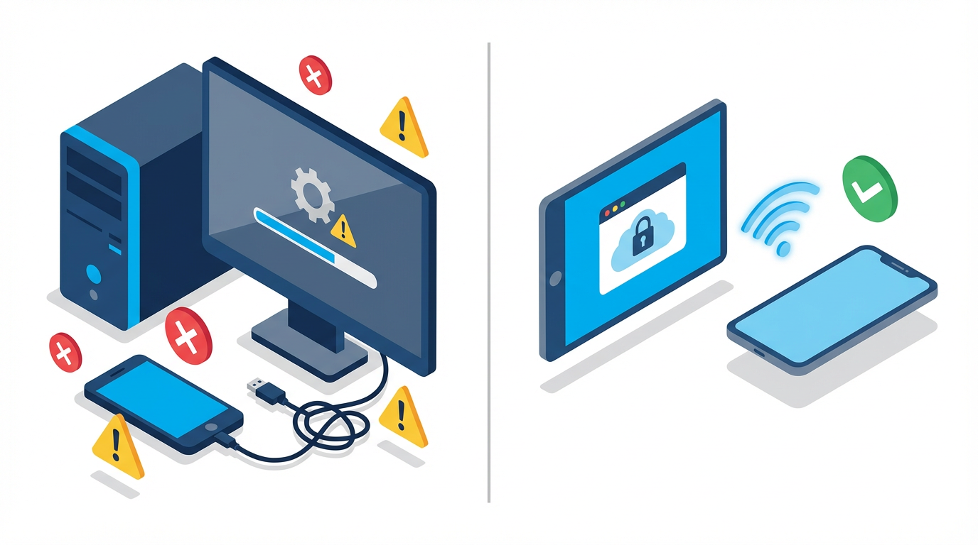Comparison between traditional PC-based FRP bypass with cables and warnings versus simple online browser-based FRP removal with wireless connection