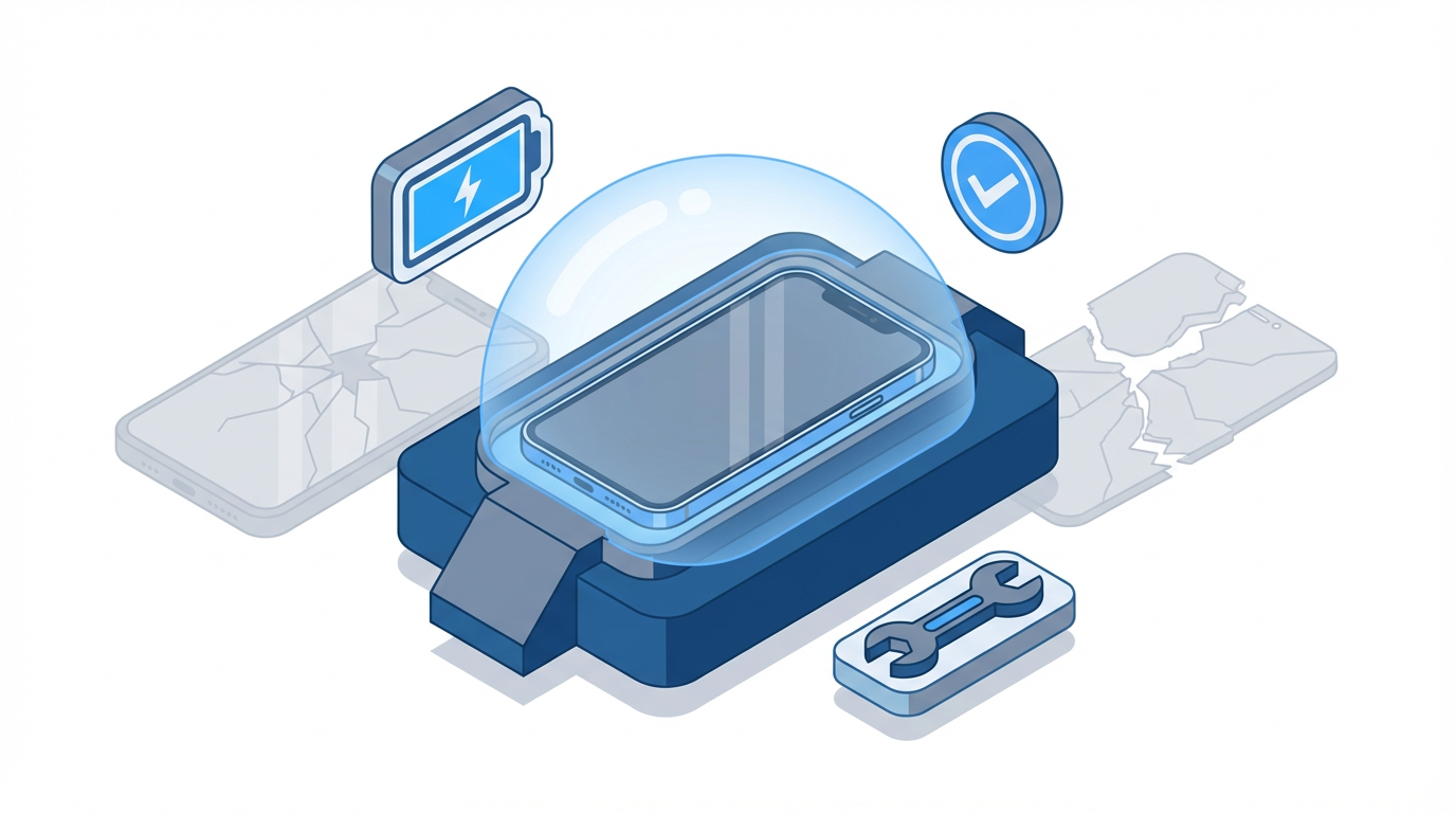 Smartphone protected inside a safety dome with battery, checkmark, and wrench icons, contrasted with a faded cracked phone in the background